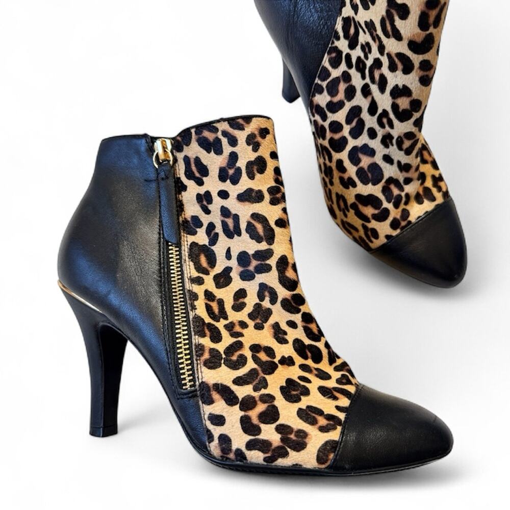 Sofft Tan Black Animal Print Calf Hair Leather Ankle Boots Womens 7 Fall Classic